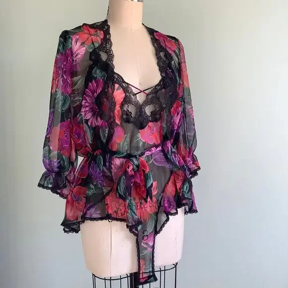 1980s Dark Floral Sheer Teddy & Bed Jacket Lucie Ann II Vintage Lingerie - Picture 9 of 9
